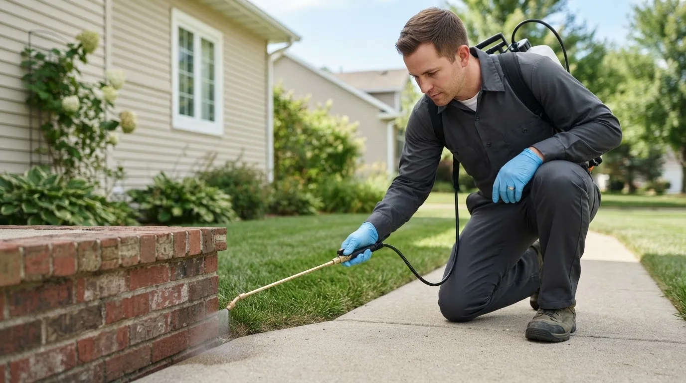 Pest control technician treating a home near Ivanhoe, MN